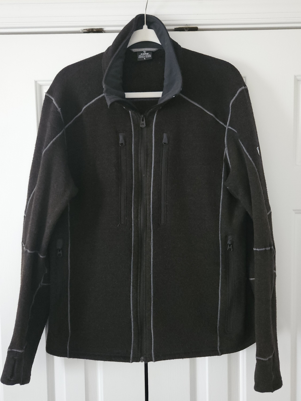 Kuhl Men's L Black Full Zip Jacket Stand-Up Collar Pockets Logo, Outdoor Hiking.